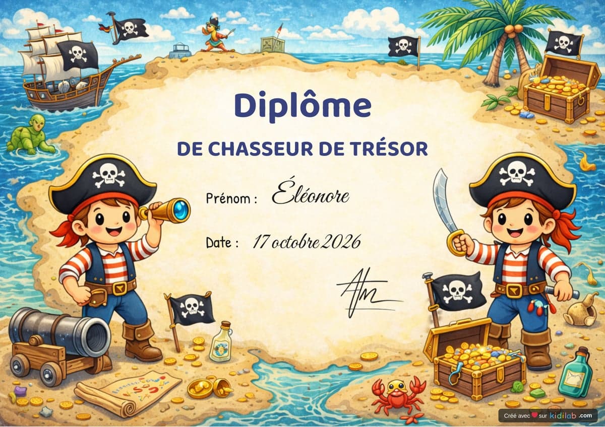 Diplôme de chasseur de trésor, thème Pirates, 4-6 ans