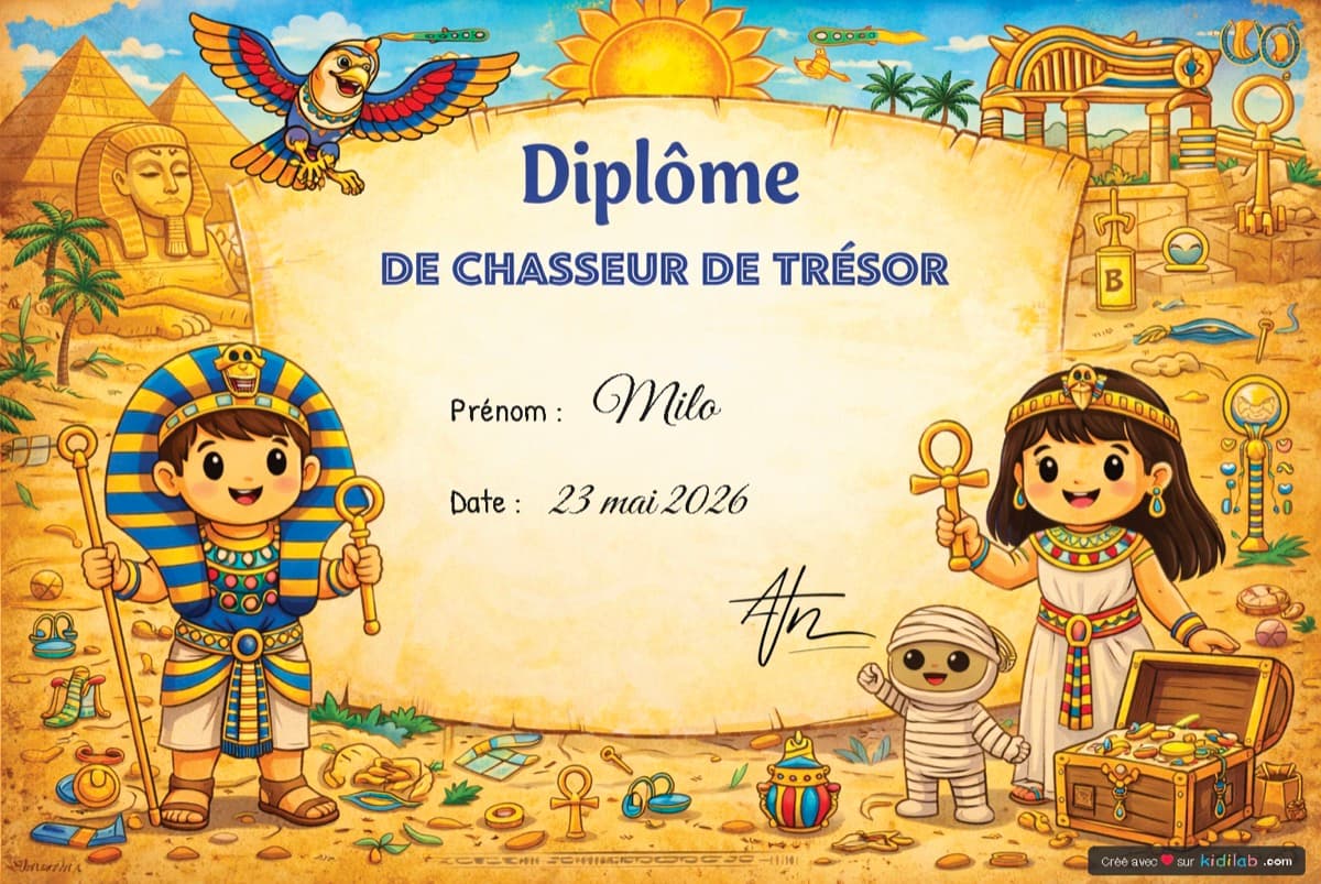 Diplôme — thème Égypte, exemple de document Kidilab personnalisé